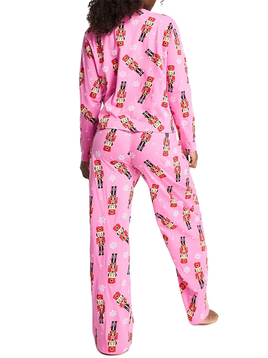 Women 2 Piece Pink Pajamas Set Nutcracker Print Long Sleeve Crewneck Shirt Tops Lounge Pajamas Pants Pj Sleepwear Nightwear