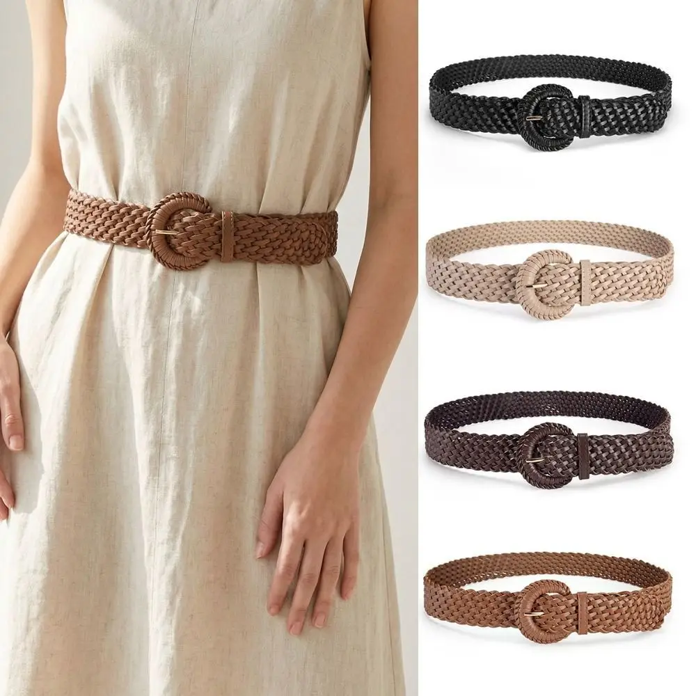 Casual Woven Weave Belt Hollow Out Round Retro Belt Wide PU Leather Bohemian Style Waistband Jeans Decorative