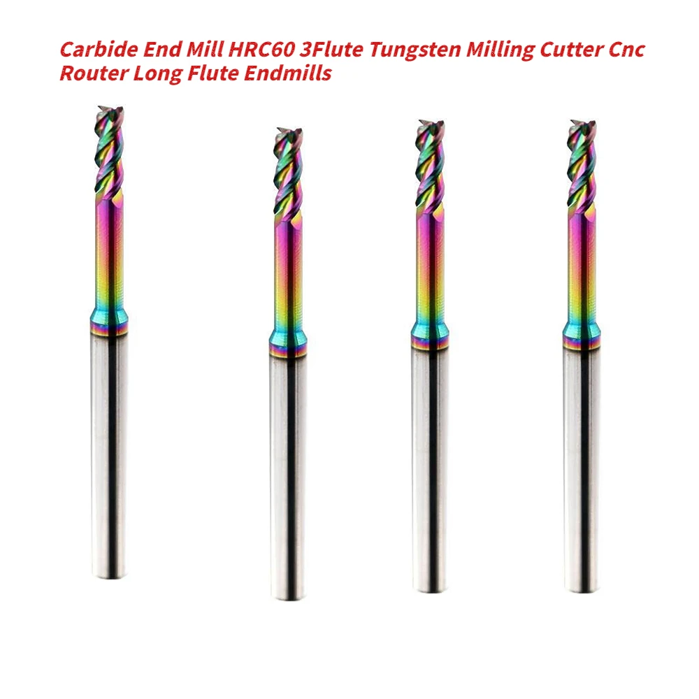 Carbide End Mill HRC60 3Flute Tungsten Milling Cutter Cnc Router Long Flute Endmills 1mm 1.5mm 3mm Seven Colors for DLC Aluminum