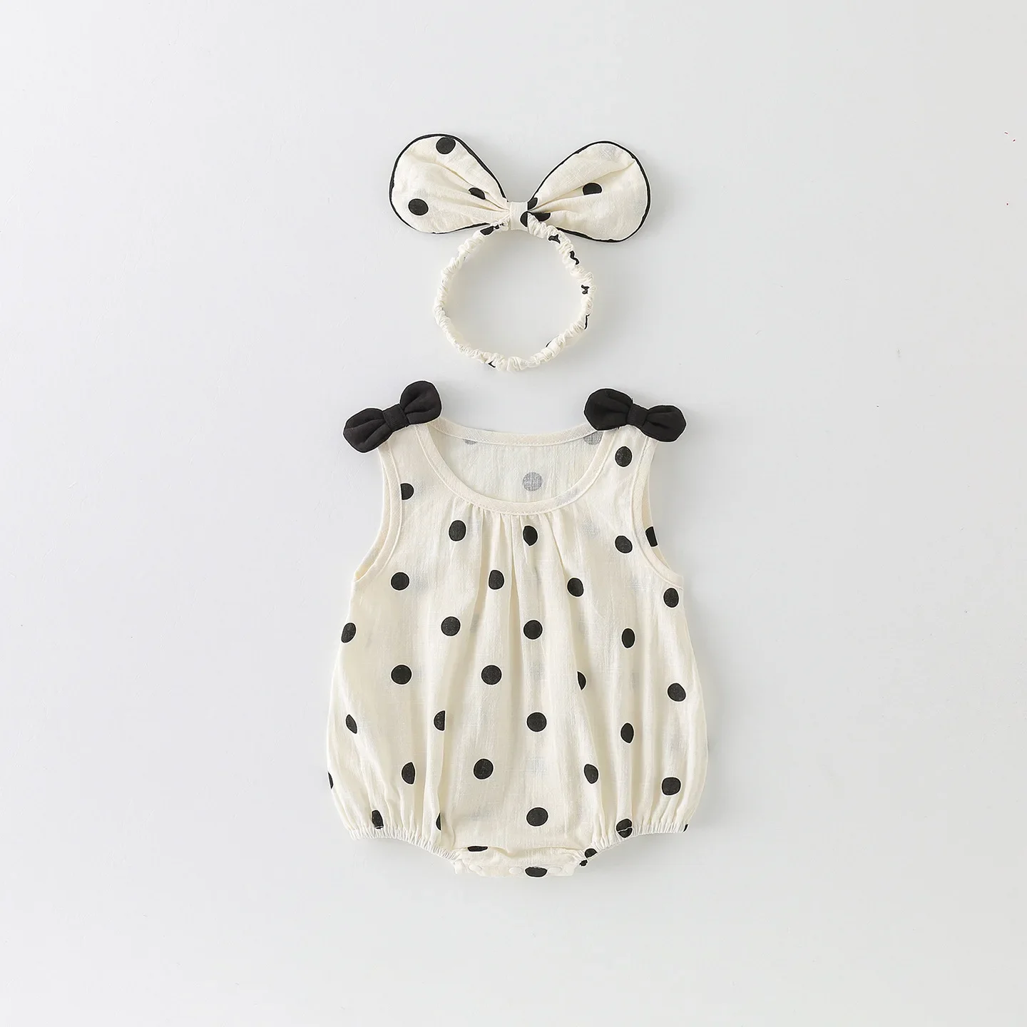 ZOETOPKID Summer Polka Dot Halter Neck Romper for Girls Baby Girl's Knot Bottom Covering Outfit Trendy Hair Accessory Included