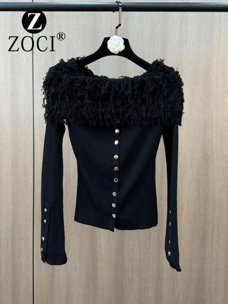 [ZOCI] Yuzu MM 2024 Autumn/Winter Collar Hairy Tassel Design Long Sleeve Single Breasted Decorative Tight French Sweater