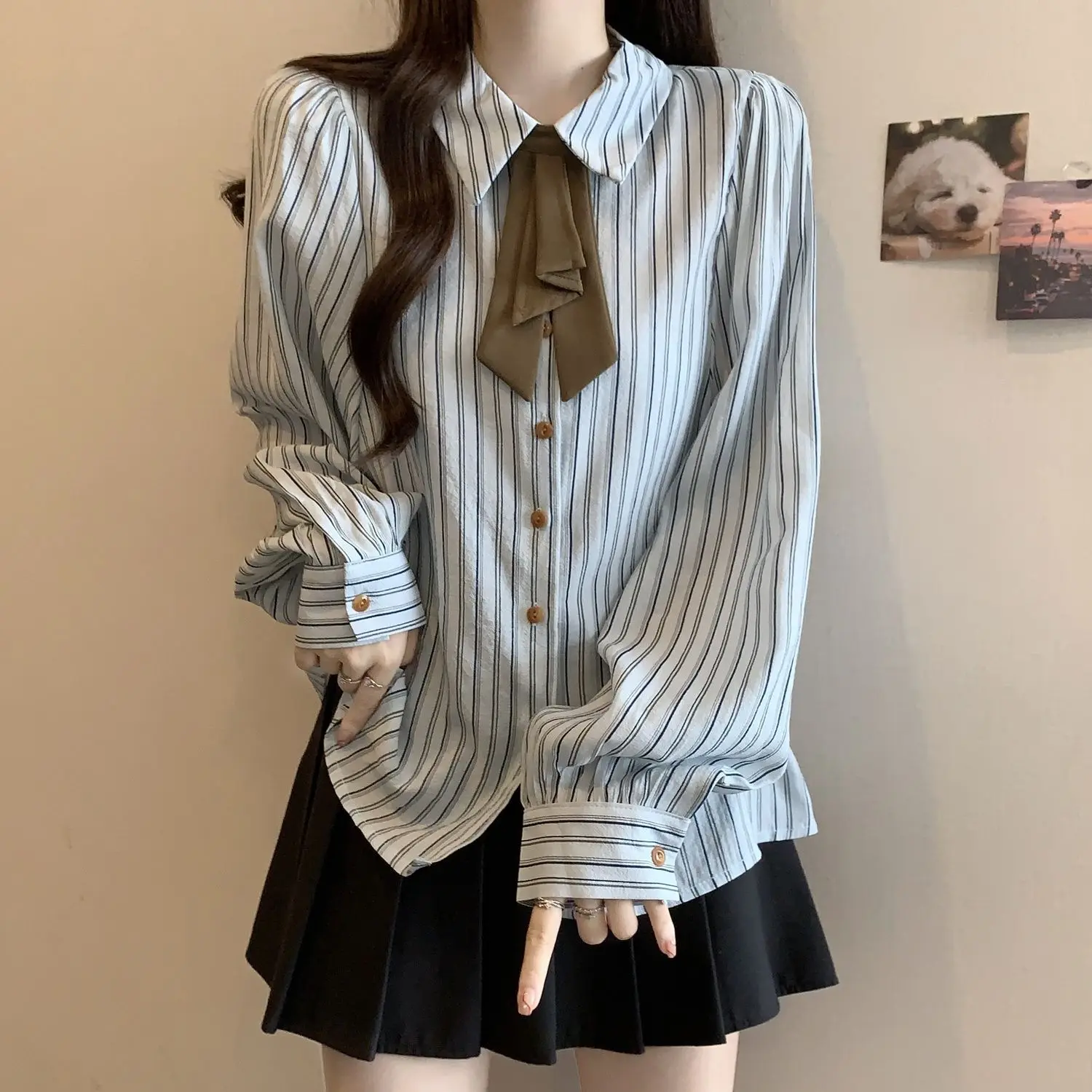 Large Size Women's Clothing Temperament Age Reducing College Style Retro French Striped Long Sleeved Shirt Top for Women