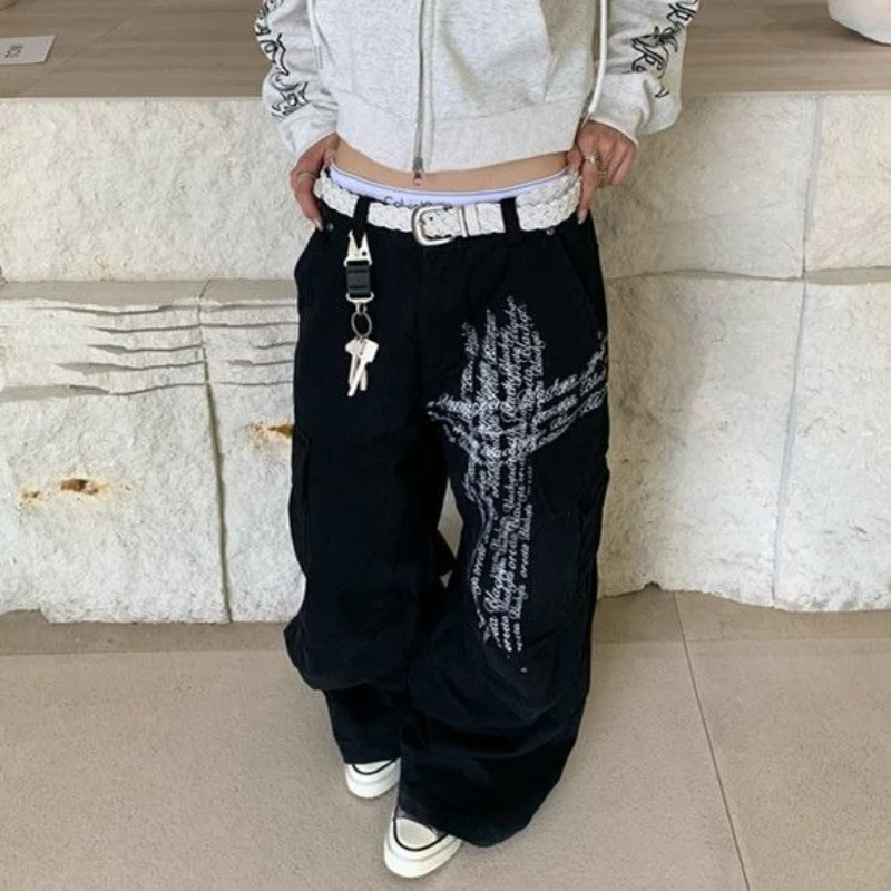 Autumn New Harajuku Hip Hop Y2K Long Baggy Pants American Style Fashion Cross Letter Print High Street Wide-leg Jeans