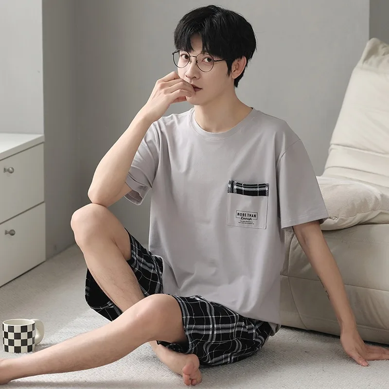 New Men's Cotton Pajama Set For Summer Casual Pijama Round Neck Short Sleeve T-Shirt With Shorts Loungewear Sleepwear Set