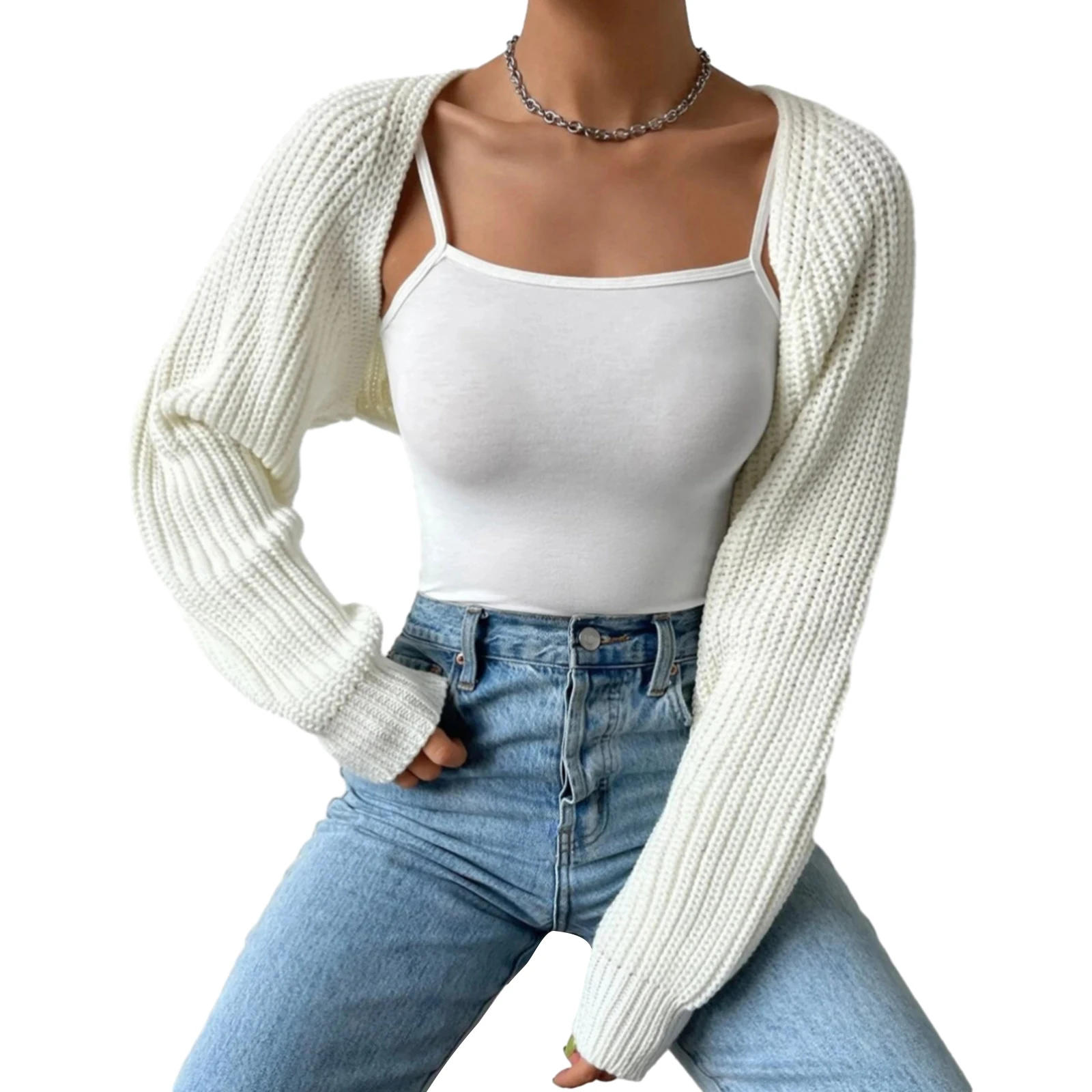 

Women's Aesthetic Open Front Cropped Cardigan Long Sleeve Solid Color Ribbed Knit Shrug Sweater Bolero Tops