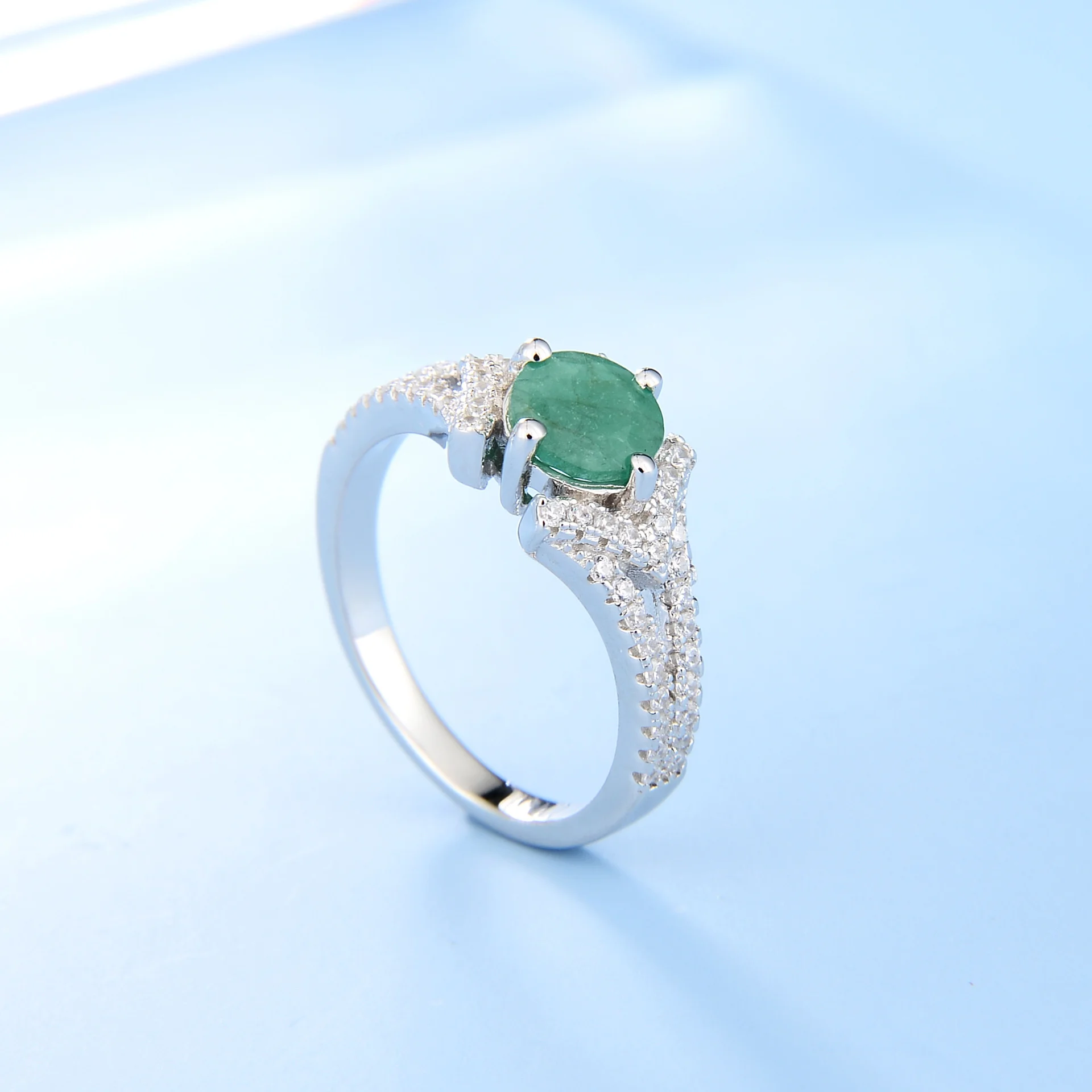 Luxury brand genuine real jewels Straight Color Natural Stone Female Set with s925 Silver Emerald Ring high quality