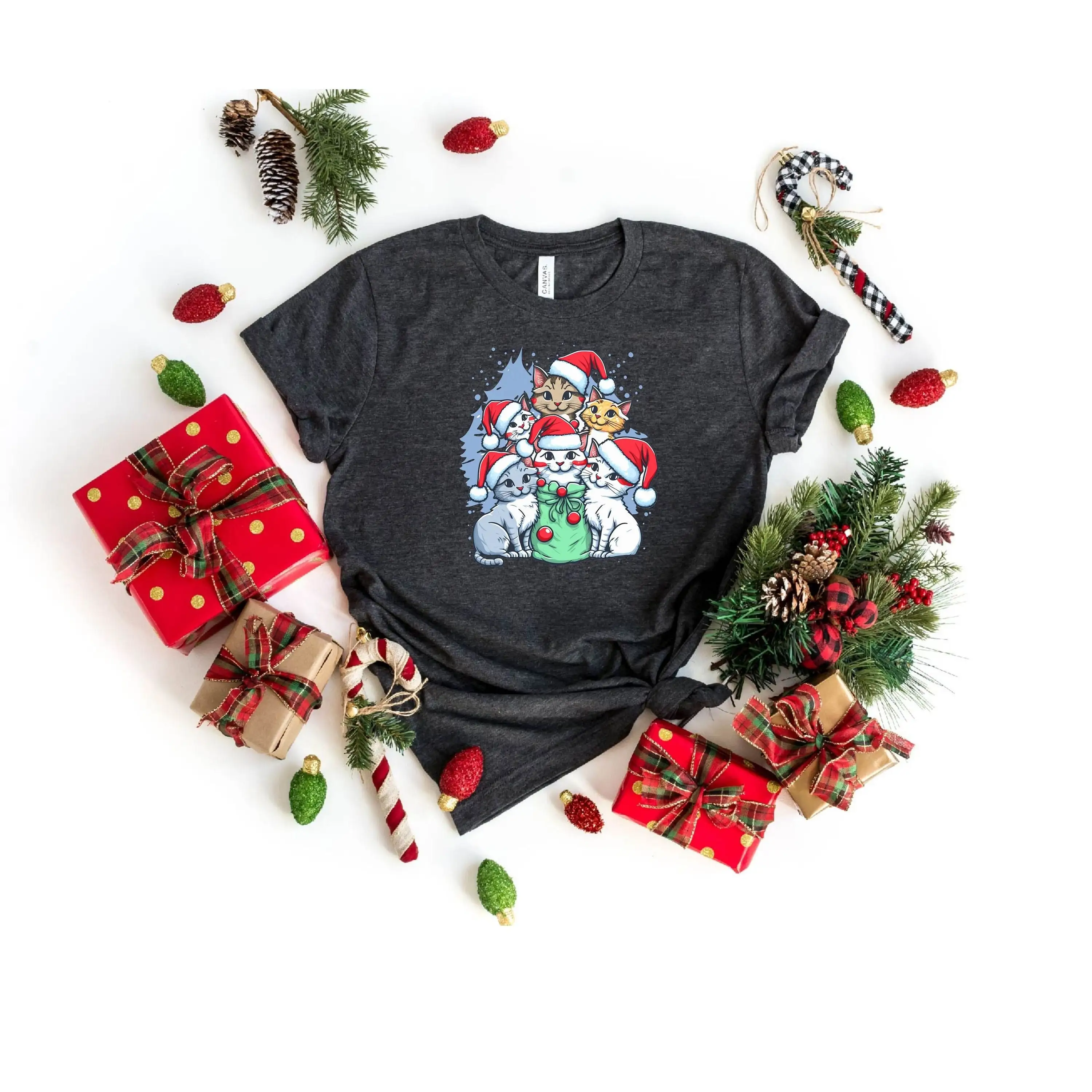 

Christmas Cats T Shirt Funny CaT Merry Mom Cute Santa Xmas Meow