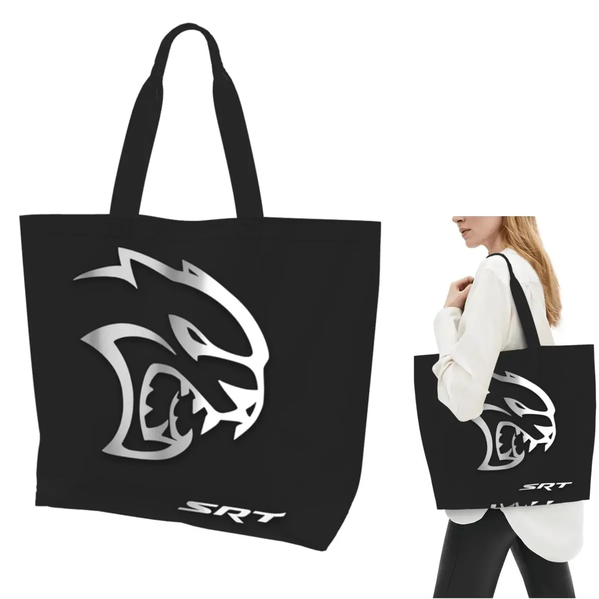 

SRT Hellcat Demon Dodge Challenger Car Racing Shopping Tote Bag Canvas Large Capacity Shoulder Bags Shopper Grocery Handbag