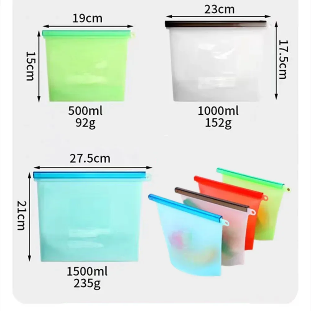 3pcs Reusable Refrigerator Fresh Bags Kitchen Food Sealing Storage Bag Home Food Grade Silicone Fruit Kitchen Organizer