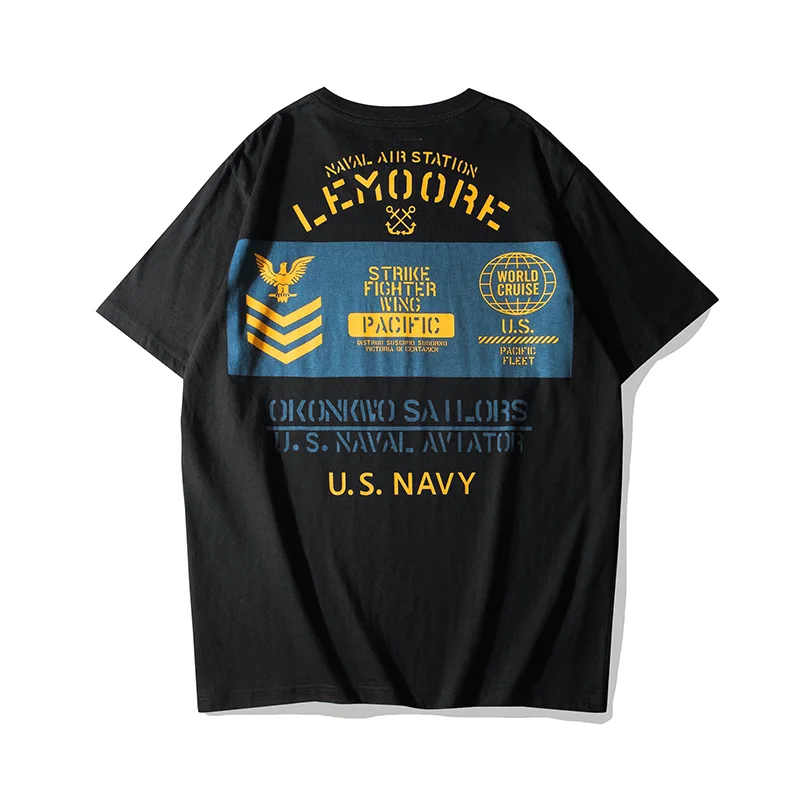 OKONKWO American US. NAVY Short Sleeved T-shirt Outdoor Trekking Travel Camping Skateboarding 200g Navy Military Amikaki TEE