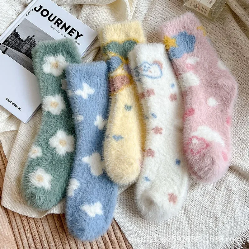 

Winter New Cute Cartoon Women Mink Fur Warm Thick Mid Tube Socks Female Home Sleep Hosiery