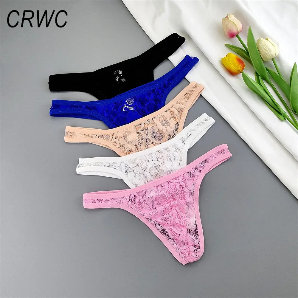 Sexy Men's Erotic Panties Semi Transparent Floral Lace Thongs G String Plus Size Male Underwear Lingerie