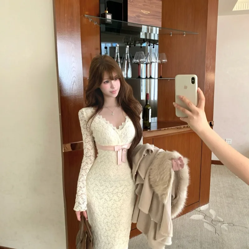 Vestido Ajustado Sexy de Otoño Invierno con Cinturón, Cintura Alta, Manga Larga, Encaje de Terciopelo, Largo Medio, Estilo El...