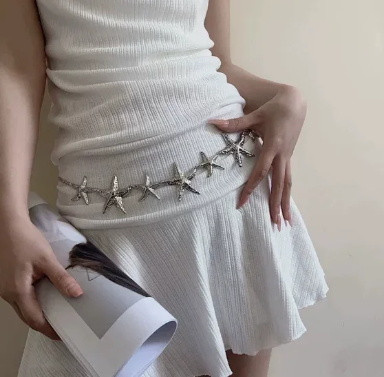 خمر معدن الذهب نجمة نجم البحر الخصر المعادن ربط حزام البطن سلسلة للنساء موضة بوهو الصيف بيكيني للشاطئ مجوهرات للجسم