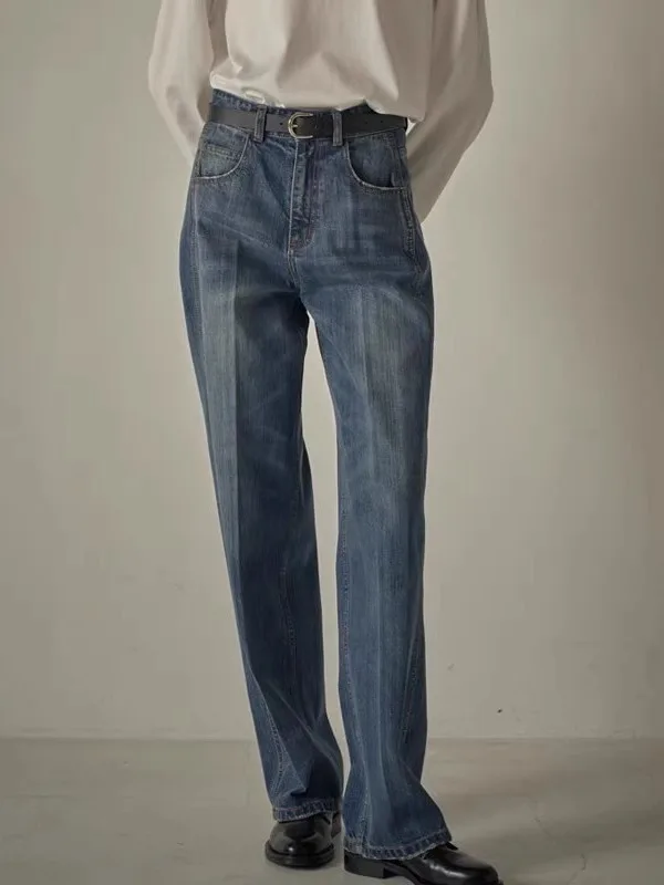 Dave&Di 2024 Mom Jeans Women's Autumn Winter Retro Long Pants High Waisted Straight Jeans Loose Casual Floor Mops Jeans Women