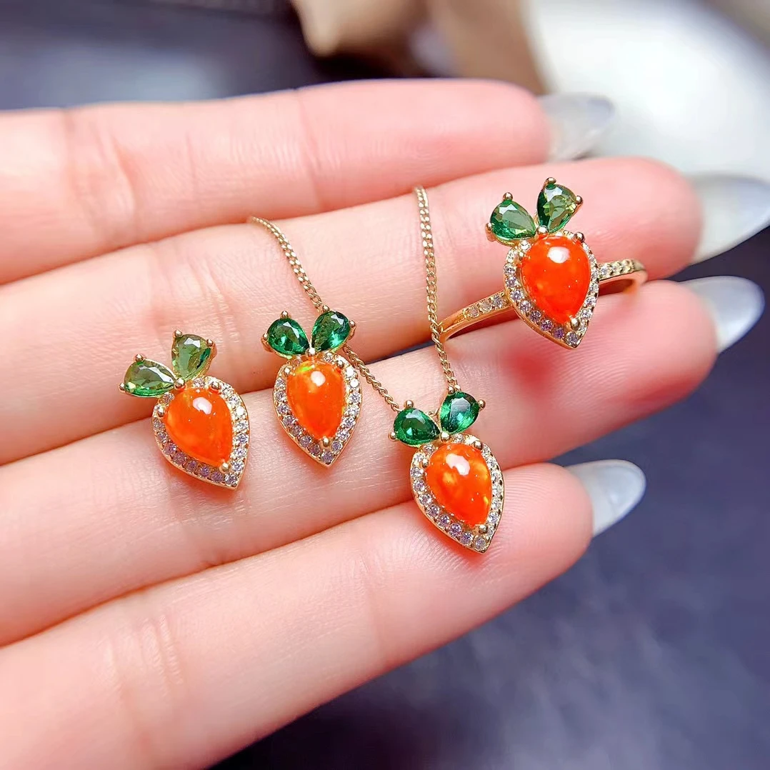 MeiBaPJ 5mm*7mm Natural Fire Opal Radish Shape Ring Earrings Necklace Fine Jewelry Set for Women Real 925 Silver 3-Pieces Suite