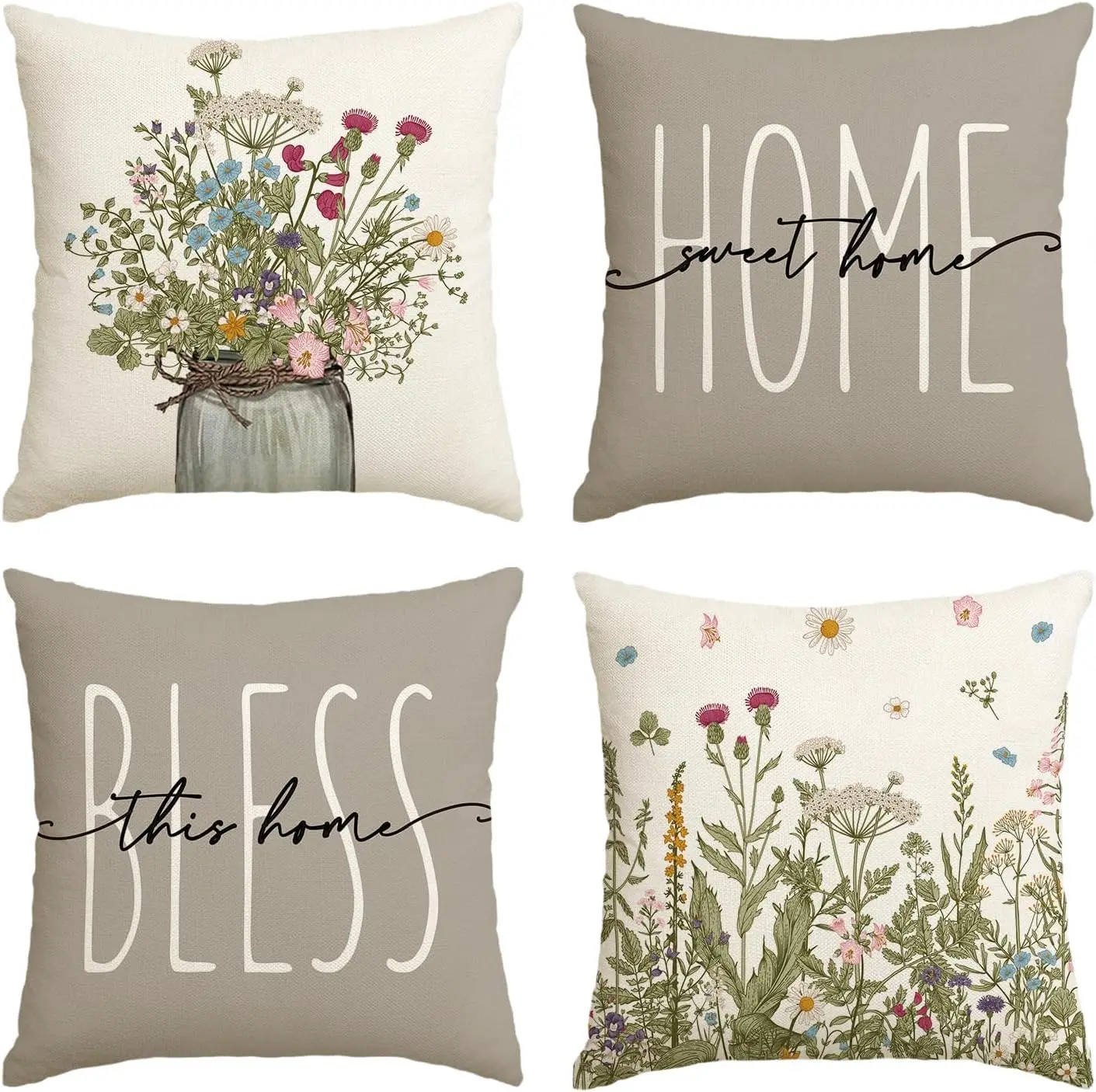 4pcs Wildflower Bouquet Home Sweet Home Bless This Home Printed Pillow Cover Polyester Cushion Case 2D Flat Printing