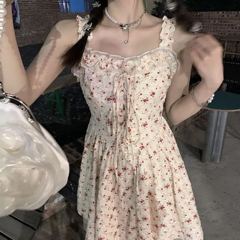 Frauen Floral Hosenträger Mini Kleid Japanischen Süße Gedruckt Bandage Taille A-linie Kleider Sommer Chic Casual Strand Vestidos