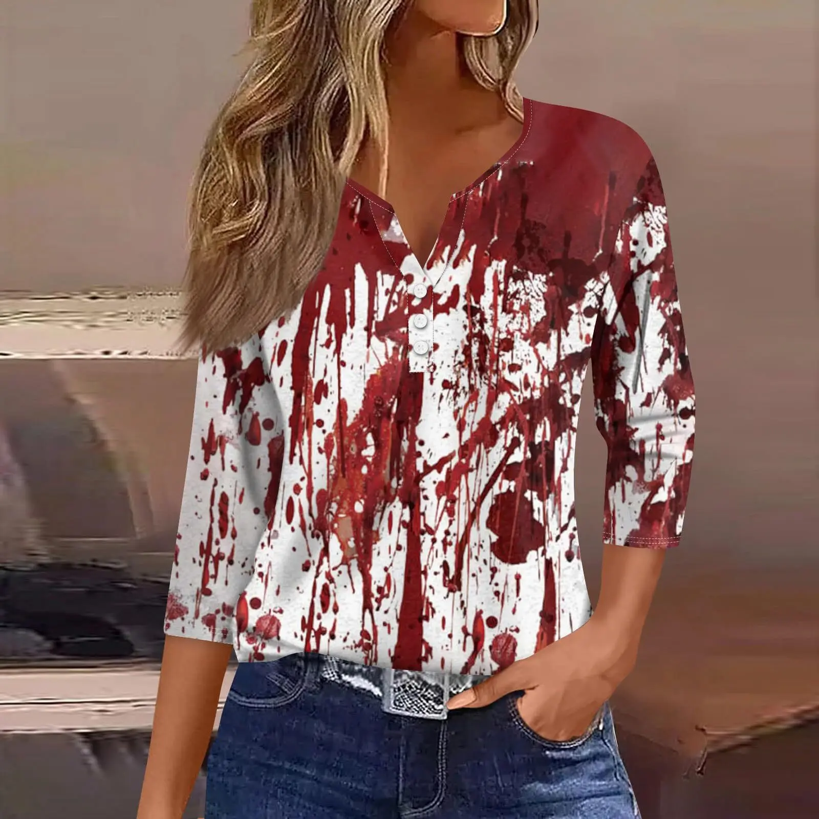 Halloween Thriller Series Design Button Seven Sleeve Blood clot Autumn Horror Element Pattern T-shirt for WomenWG23