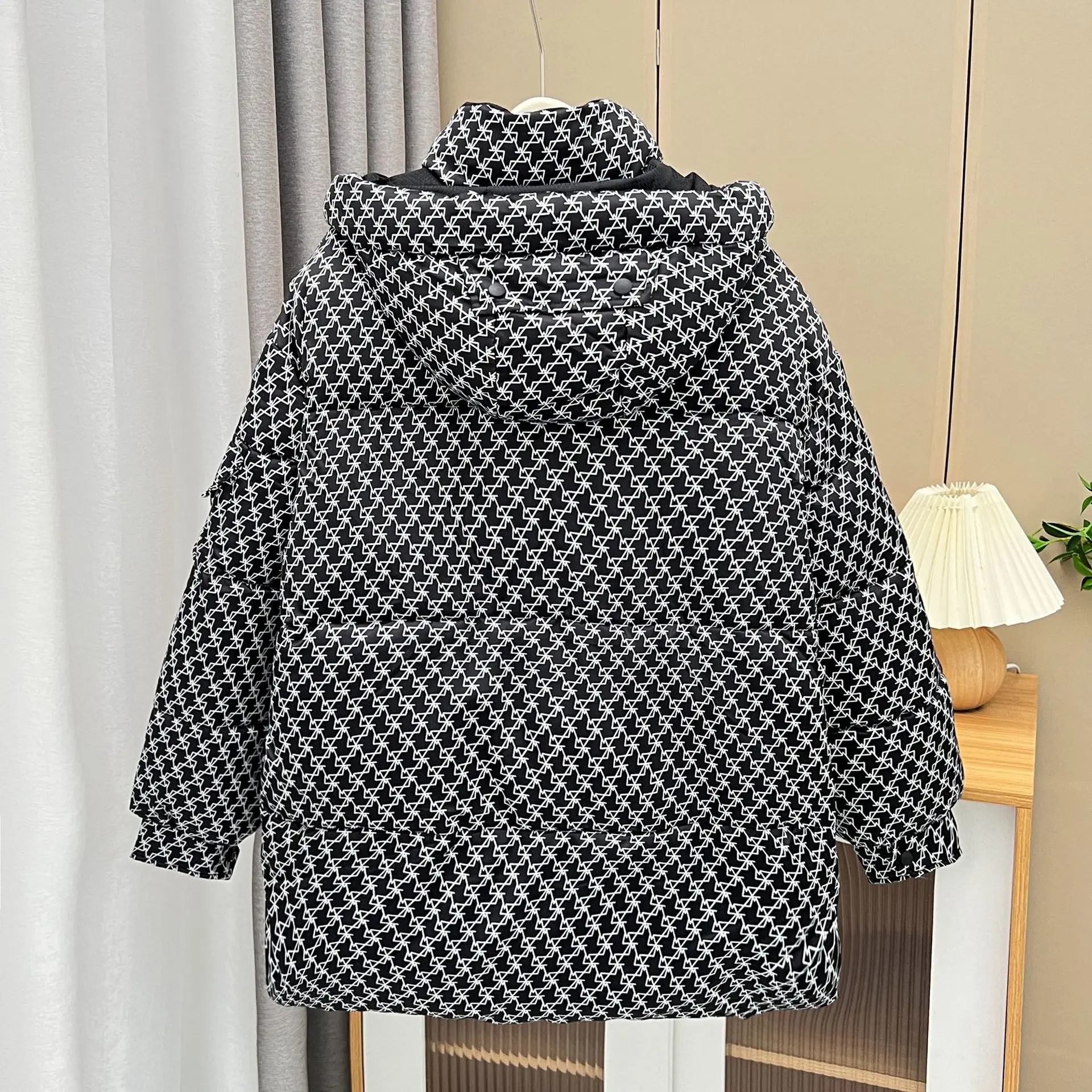 Fashion Houndstooth Hooded Parkas Women Winter 2023 Plus Size Casual Clothing Down Cotton Padded Coat Long Wadded Jacket