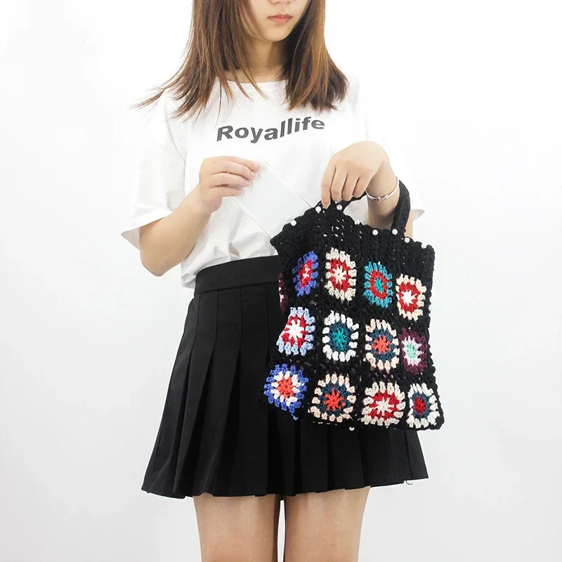 Female Vintage Granny Square Net Eyelet Crochet Short Handle Tote Bag Women Y2K Retro Pearl Hollow Out Big Size Shopping Bag
