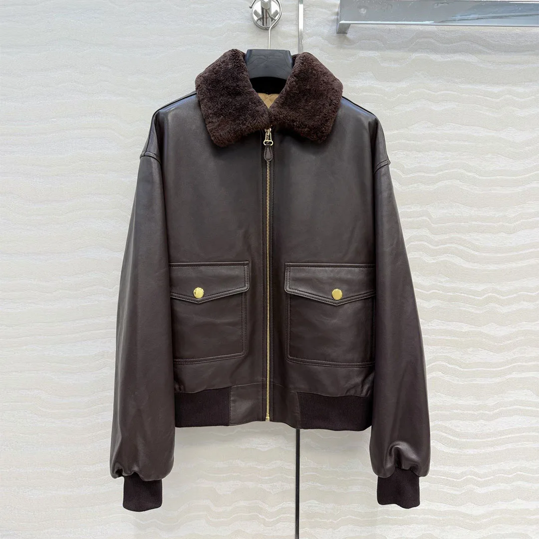 Vintage Brown 100% Sheepskin Leather Cotton Liner Coat Women Patchwork Lamb Lapel Zipper Long Sleeve New Winter Warm Jacket