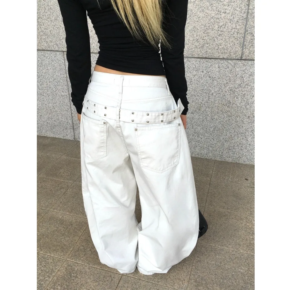

Street Style Korean Rivet Design Loose Wide Leg Casual Balloon Workwear Long Pants High Waist Jeans Casual Loose Fit Wide Leg...