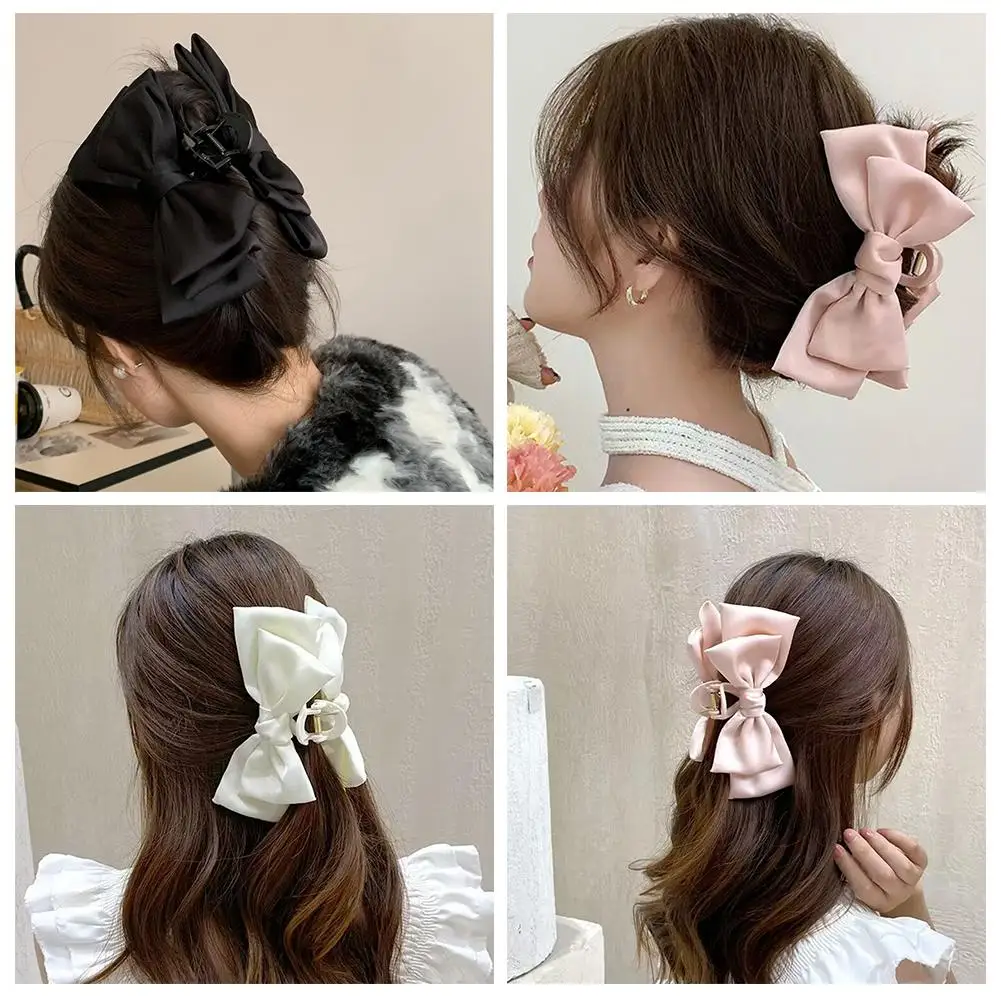 Women Bow Hair Claw Clips Elegant Double-sided Large Shark Barrettes Hairpins Satin Hair Hair Claw Solid Accessories Bowkno V7W9