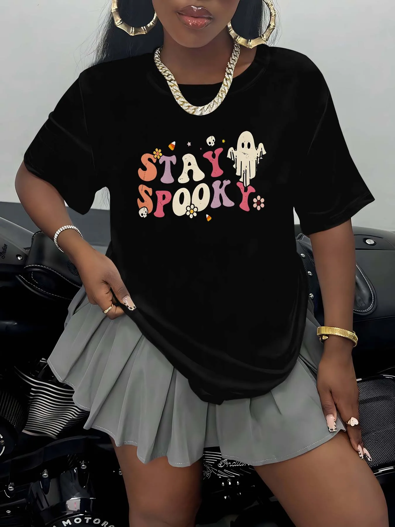 

Plus Size Fashion Piece Featuring Stay Spooky Motif Blending Fun Ghost Design And Elegant Styling For Trendy Look