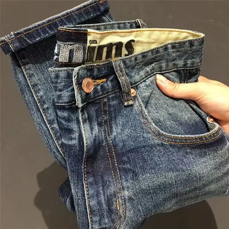 

New Slim Fit Casual Pencil Pants Spring Autumn New High-end Water Wash Vintage Retro Rivet Jeans Men's Ripped Skinny Jeans Men