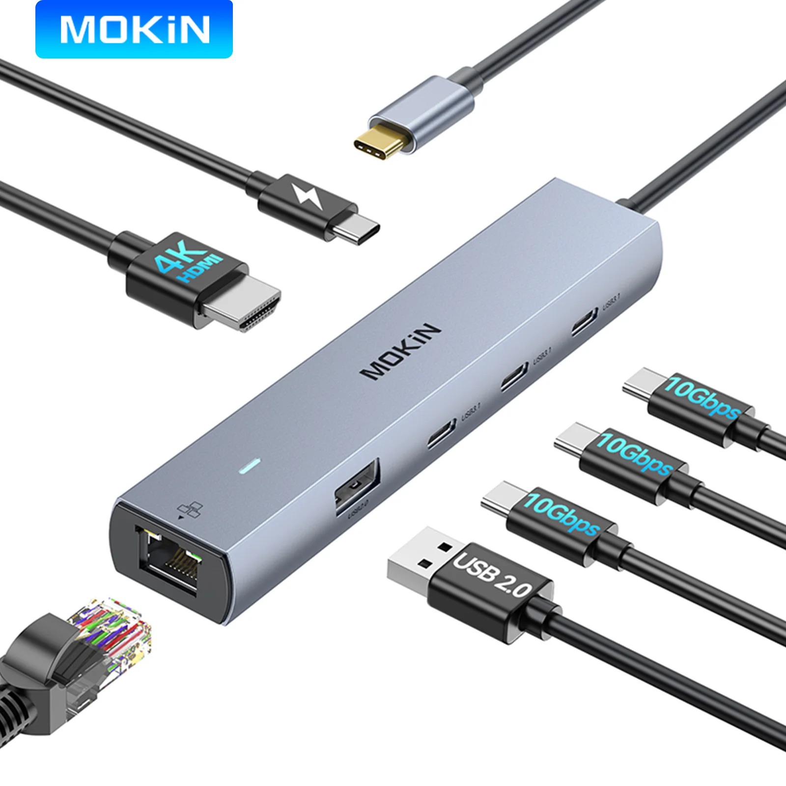 

MOKiN USB-концентратор к 4K HDMI 100 Вт PD3.0 10 Гбит/с USB3.1 1000 Мбит/с RJ45 Ethernet Многопортовый адаптер USB Type-C для Macbook HP Lenovo