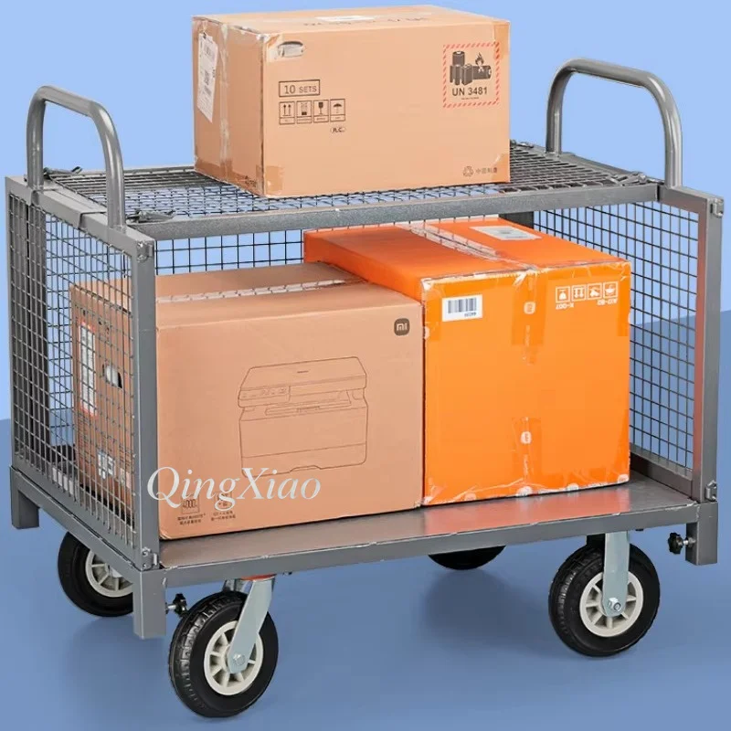 Grid Flat Transport Cart Foldable Guardrail Versatile Hand Trolley For Supermarket Logistics Storage Street Stall Goods Handling