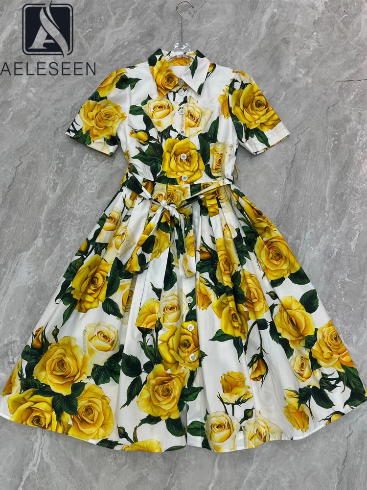 

AELESEEN Sicilian Summer 100% Cotton Dress Women Turn-down Collar Yellow Flower Print Single-breasted Belt Elegant Midi Poplin