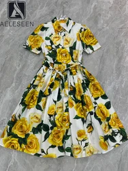 AELESEEN Sicilian Summer 100% Cotton Dress Women Turn-down Collar Yellow Flower Print Single-breasted Belt Elegant Midi Poplin