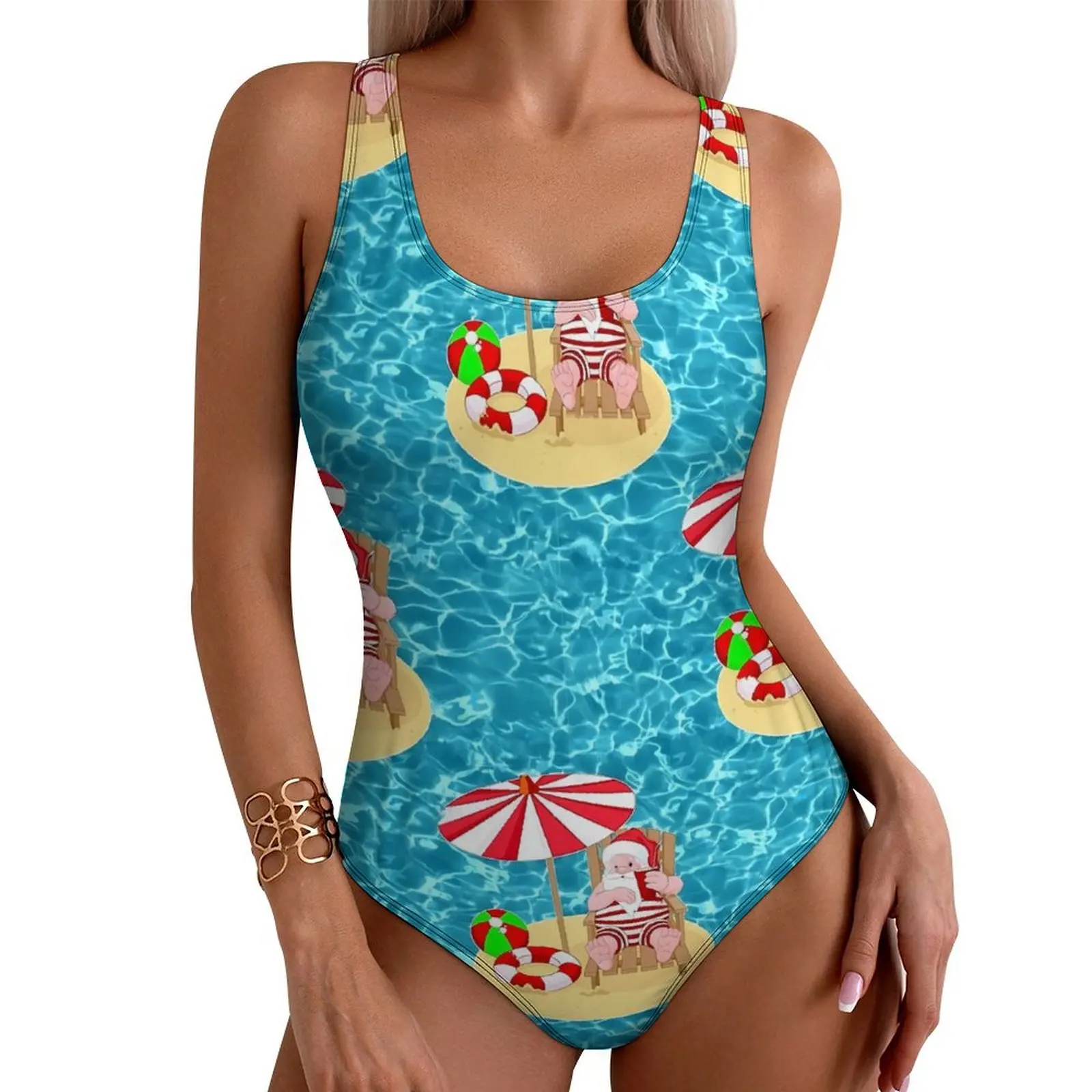 Christmas Swimsuit Sexy Xmas Beach Santa Claus Women Swimwear One-Piece Retro Bodysuit Beach Push Up Hollow Out Bathing Suit