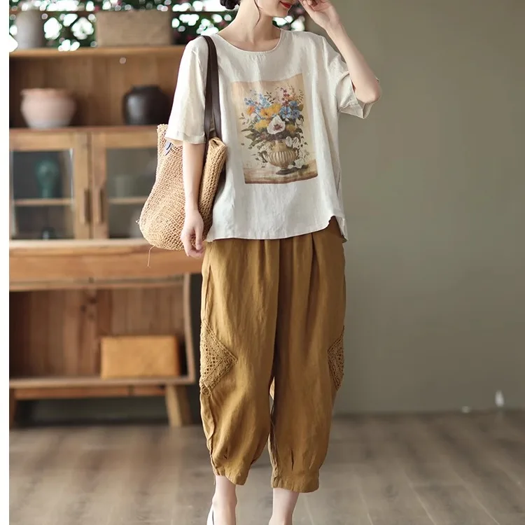 

Summer New Style Cotton Linen Set Women's Loose Casual Two-Piece Suit for Middle-Aged And Elderly 40-50 Years Old Retro Pattern