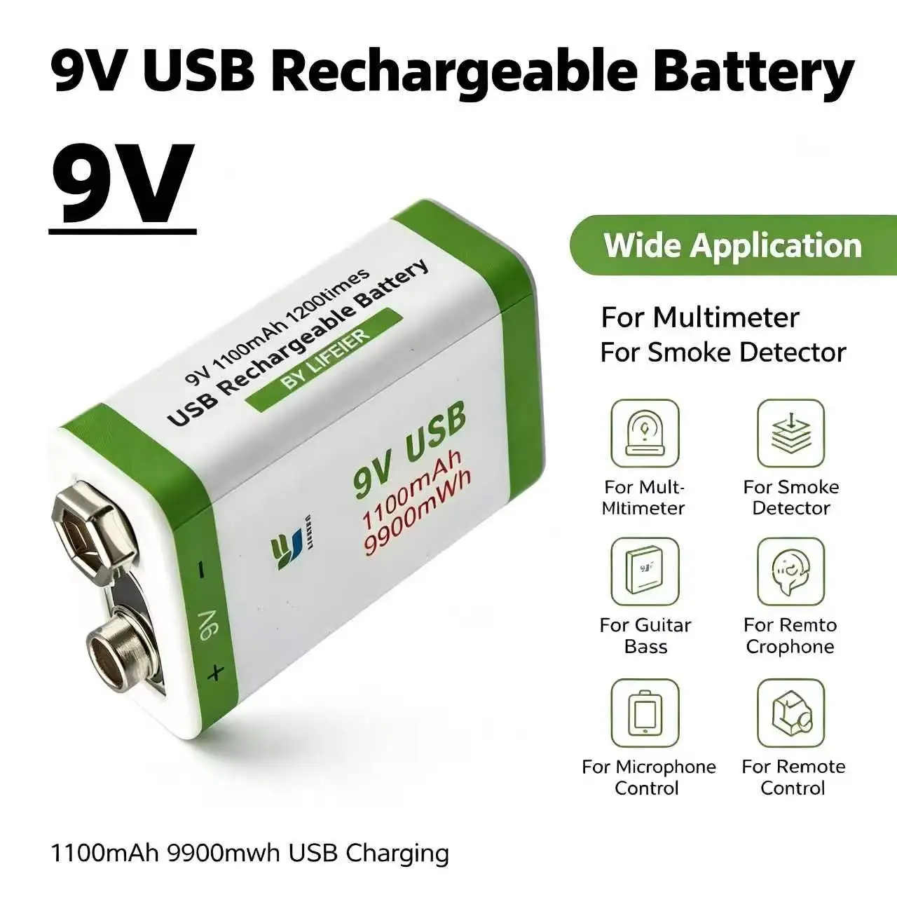 USB Charging 9V Square Lithium Rechargeable Battery 1100mAh Replacement for Multimeter Microphone