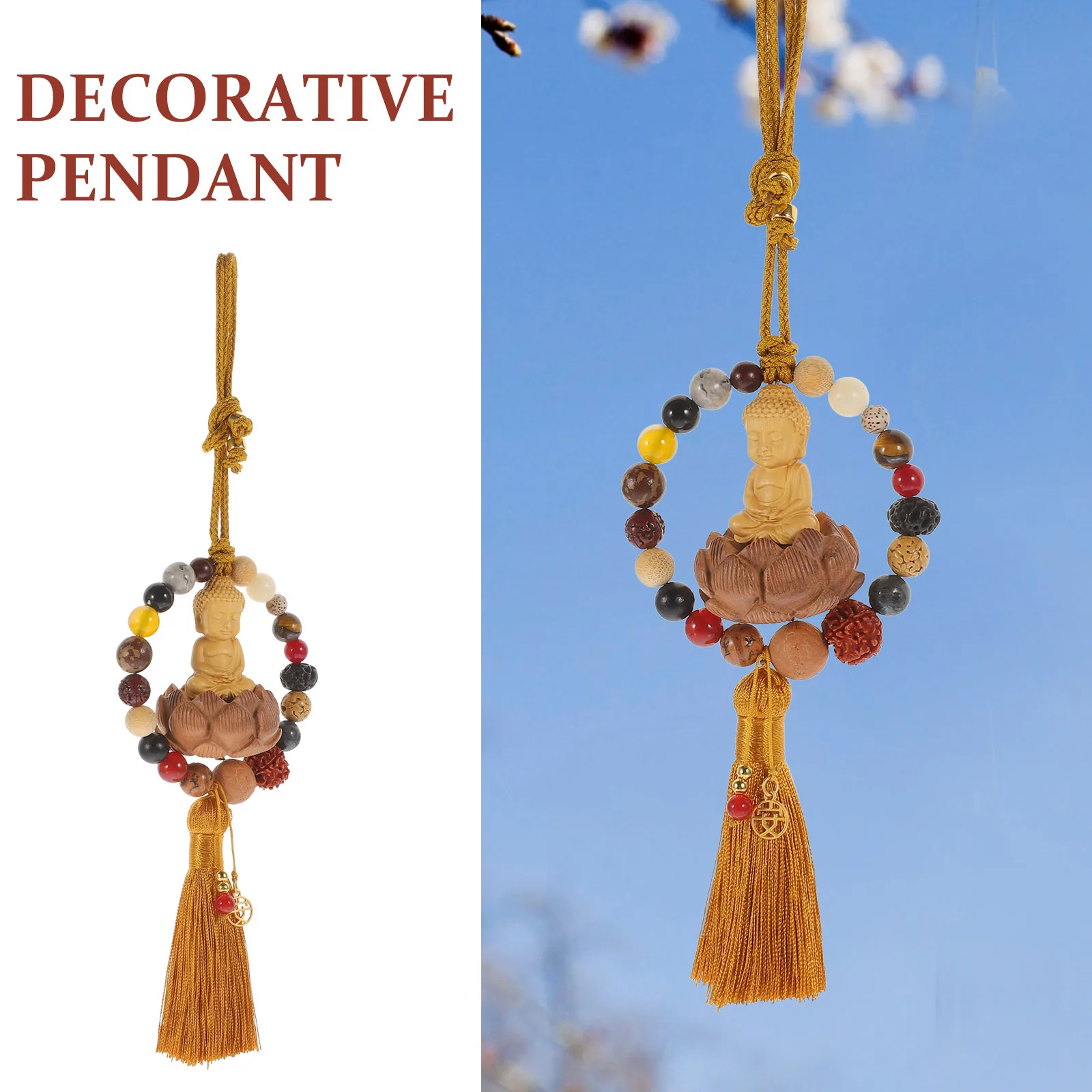 

Exquisite Wood Buddha with Beads and Tassel Lotus Car Hanging Pendant Chinese Style Decorative Charm for Keys Bag Backpack