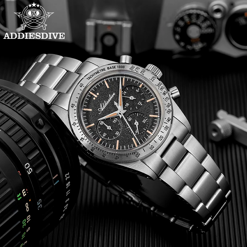 ADDIESDIVE AD2552 Bubble Mirror Glass Chronograph Wristwatch Waterproof Stainless Steel Super Luminous Men's Diver Quartz Watch