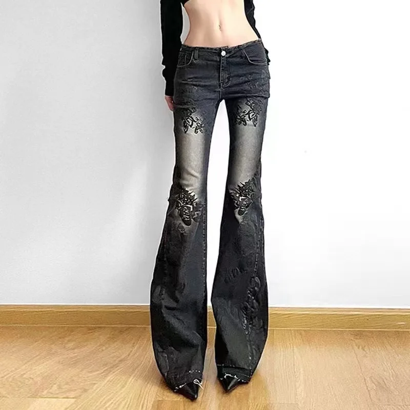 

American Retro High Street Plant Print Washed Jeans 2025 Four Seasons New Distressed Slim-fit Low-waisted Slightly Flared Jeans