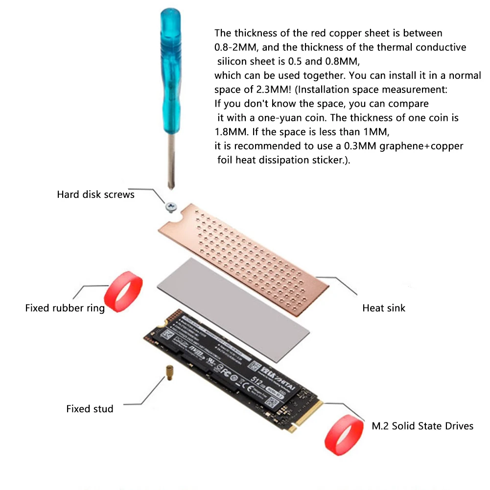 Copper SSD Cooler Radiator with Thermal Silicone Pad SSD Cooling Heat Sink Laptop Desktop 0.8mm/1mm/2mm for M.2 2280 SSD
