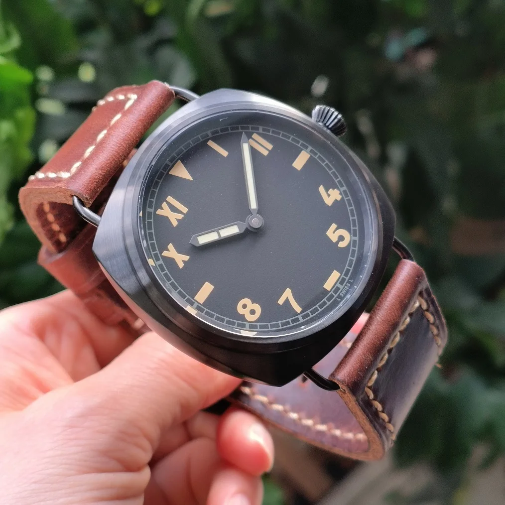 47mm none logo Mechanical Hand Wind watch 316L Stainless steel Black case Black California dial Brown number ST3600 movement