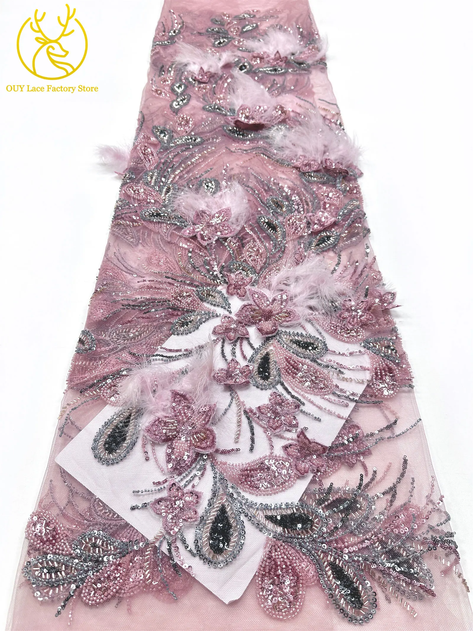 Neues Design Afrikanischer Spitzenstoff mit Pailletten, Perlen, Mesh-Spitze, luxuriöse 3D-Feder-Stickerei, Tüll-Spitzenstoff zum Nähen von Brautkleidern – Detail 10