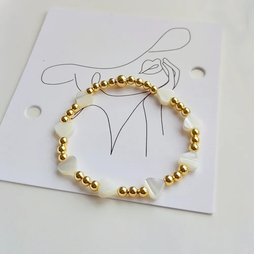 KKBEAD-Shell Heart Bracelets for Women, Gold Color Beaded Bracelet, Fashion Jewelry, Stretch, High Quality