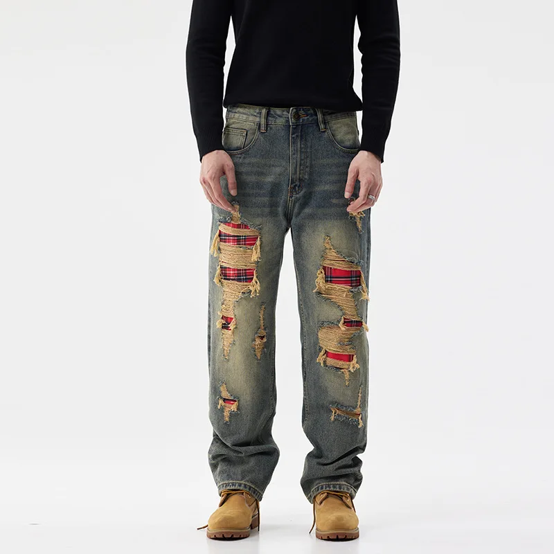 American Retro Tattered Jeans Patch Loose Straight Jeans Men's Autumn 2024 Personalized Men's Clothing Nostalgic Y2K Trousers