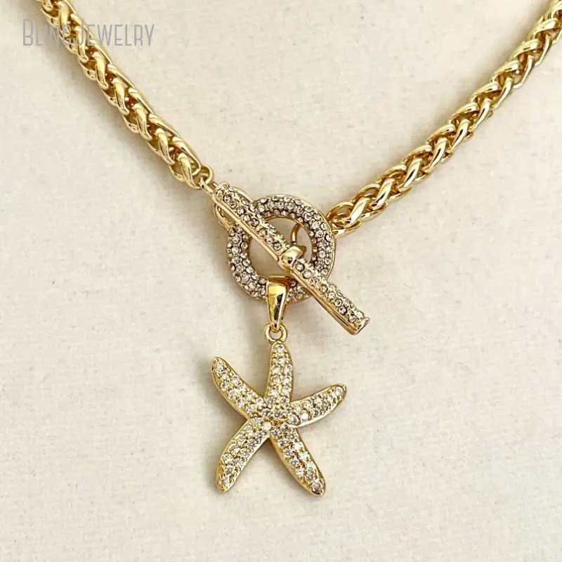 

10pcs Stainless Steel Choker Gold Color Necklace CZ Starfish Pendant Toggle Clasp Wheat Rope Chain Aesthetic Ocean Jewelry