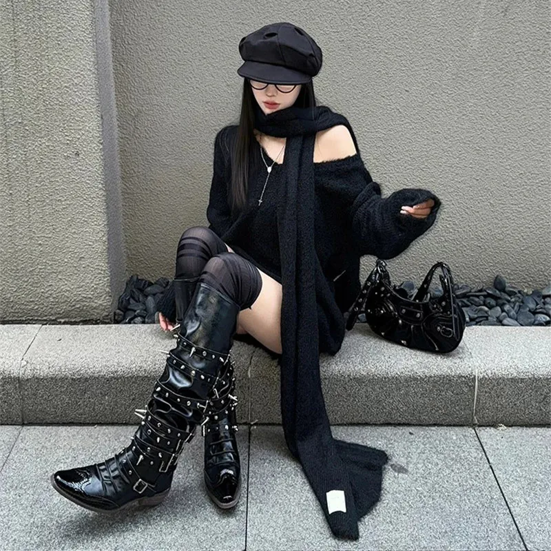 Gothic Punk Spike Rivet Decor Knee High  Boots Women Western Cowboy Pointed Toe Multi Strap Buckle Slouch Block Heel Party Shoes