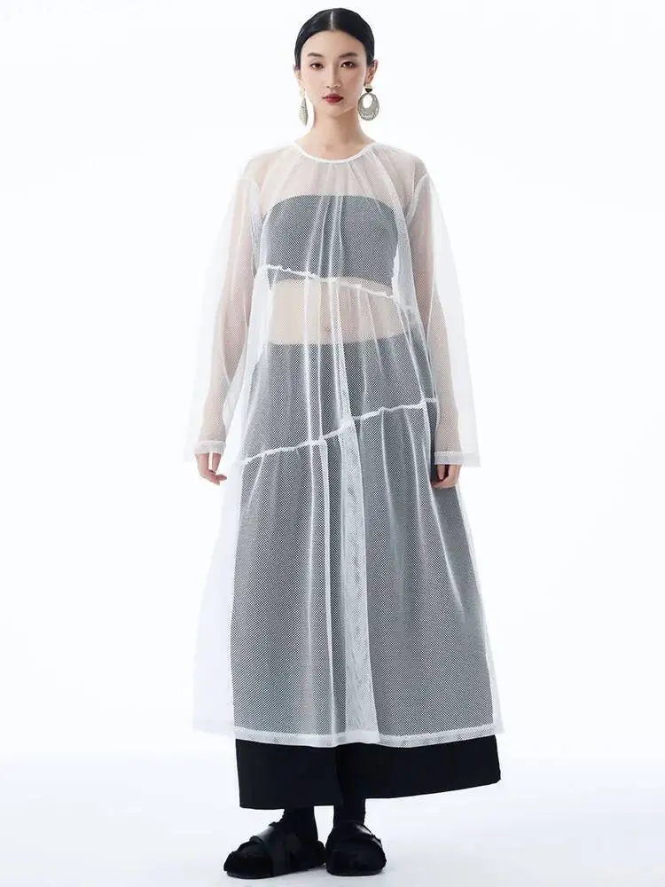 Women Black Grid Hollow Out Big Size Long Casual Dress New Round Neck Long Sleeve Fashion Tide Spring Autumn