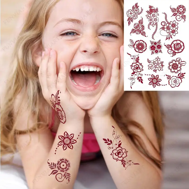 Waterproof Henna Tattoo Sticker for Children Temporary Tattoos Small Size Mehndi Fake Tattoo for Hand Girl Body Art Brown Henna