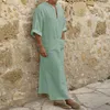 2023 New Men Jubba Thobe Kaftan Muslim Arab Islamic V-neck Short Sleeve Solid Cotton Linen Robes Muslim Fashion Arabia Man abaya